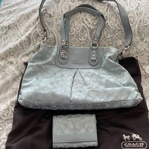 Coach light blue fabric handbag & matching wallet
